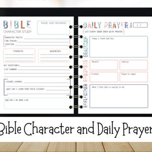 May include: A digital planner open to two pages, one for Bible character study and the other for daily prayer. The planner has a black spiral binding and is displayed on a wooden surface. The text "Bible Character and Daily Prayer" is at the bottom.