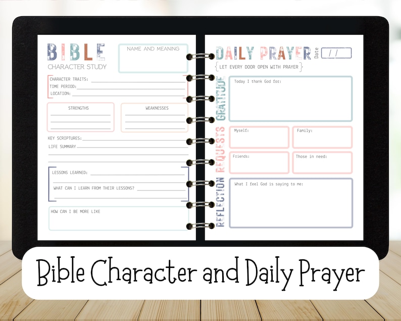 May include: A digital planner open to two pages, one for Bible character study and the other for daily prayer. The planner has a black spiral binding and is displayed on a wooden surface. The text "Bible Character and Daily Prayer" is at the bottom.