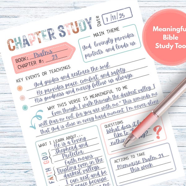 Étude de chapitres bibliques imprimable - Guide d'étude de la Bible et modèle pour l'étude quotidienne et la méditation spirituelle - Journal d'étude de la Bible