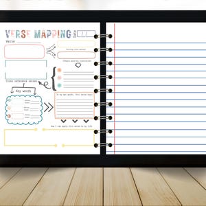 May include: A digital tablet displaying a "Verse Mapping" template. The template includes sections for verse, cross-reference verses, key words, and personal reflection. The right side of the tablet shows lined paper.