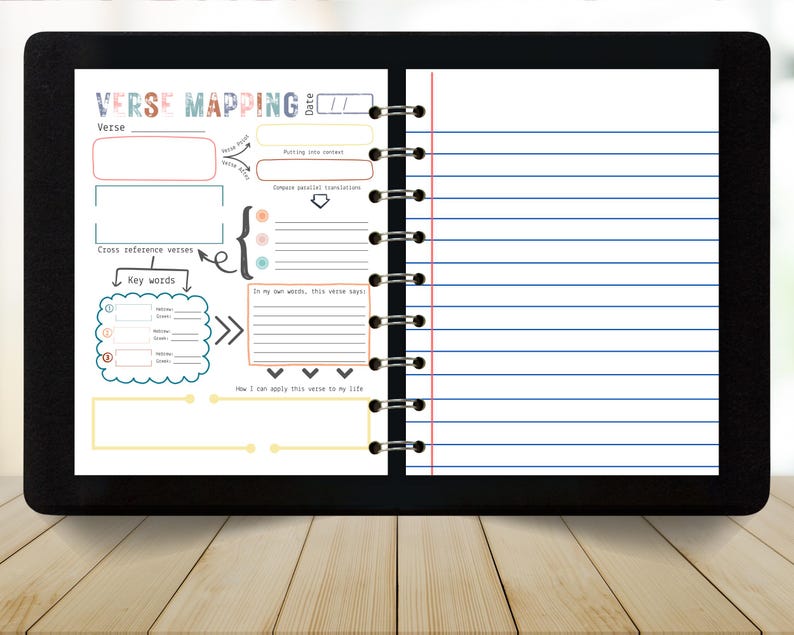 May include: A digital tablet displaying a "Verse Mapping" template. The template includes sections for verse, cross-reference verses, key words, and personal reflection. The right side of the tablet shows lined paper.