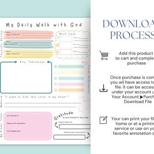 May include: A printable journal page titled "My Daily Walk with God" with sections for verses, word study, key takeaways, and gratitude. The page has a pastel color scheme and includes the text "Download Process".