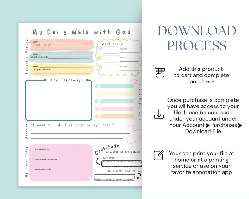 May include: A printable journal page titled "My Daily Walk with God" with sections for verses, word study, key takeaways, and gratitude. The page has a pastel color scheme and includes the text "Download Process".