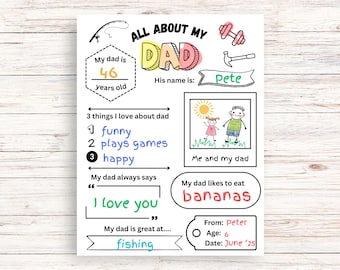 Todo sobre papá: Cuestionario imprimible para el Día del Padre, regalo de los niños para papá, actividad para colorear del Día del Padre (hazlo tú mismo), regalo imprimible de los niños para papá