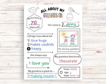 All About grandma Printable Grandparents Day Questionnaire Gift, DIY Mothers Day Coloring Card Activity, grandma printable gift from kids