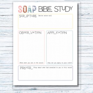 Pu&ograve; includere: Un foglio stampabile SOAP Bible Study bianco con testo e riquadri dai colori pastello. Il titolo &egrave; in un carattere giocoso. Le sezioni includono Scrittura, Osservazione, Applicazione e Preghiera, con suggerimenti per ciascuna.