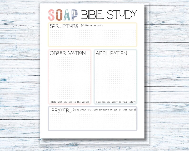 Pu&ograve; includere: Un foglio stampabile SOAP Bible Study bianco con testo e riquadri dai colori pastello. Il titolo &egrave; in un carattere giocoso. Le sezioni includono Scrittura, Osservazione, Applicazione e Preghiera, con suggerimenti per ciascuna.