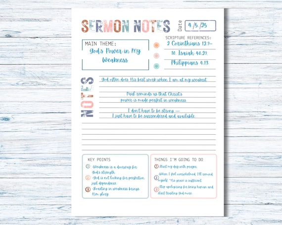 Sermon Notes Worksheet printable - Bible Study Note Taking Template - printable template for taking notes during sermon