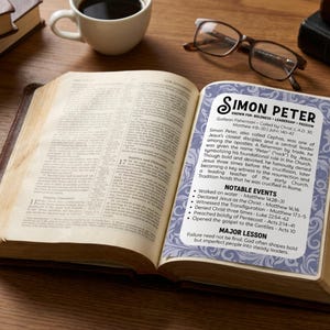 May include: An open Bible with a leather cover, featuring a biography of Simon Peter. A cup of coffee, spectacles, and a pen are on the wooden surface, with other books. The text includes "Notable Events" and "Major Lesson".