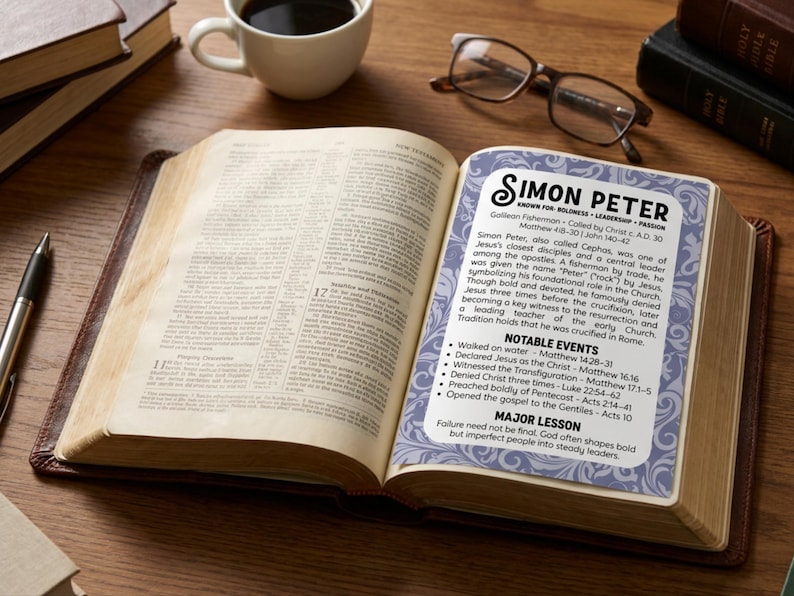 May include: An open Bible with a leather cover, featuring a biography of Simon Peter. A cup of coffee, spectacles, and a pen are on the wooden surface, with other books. The text includes "Notable Events" and "Major Lesson".