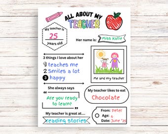 All About my teacher Printable Questionnaire for student, DIY teacher appreciation activity, teacher printable gift from kids