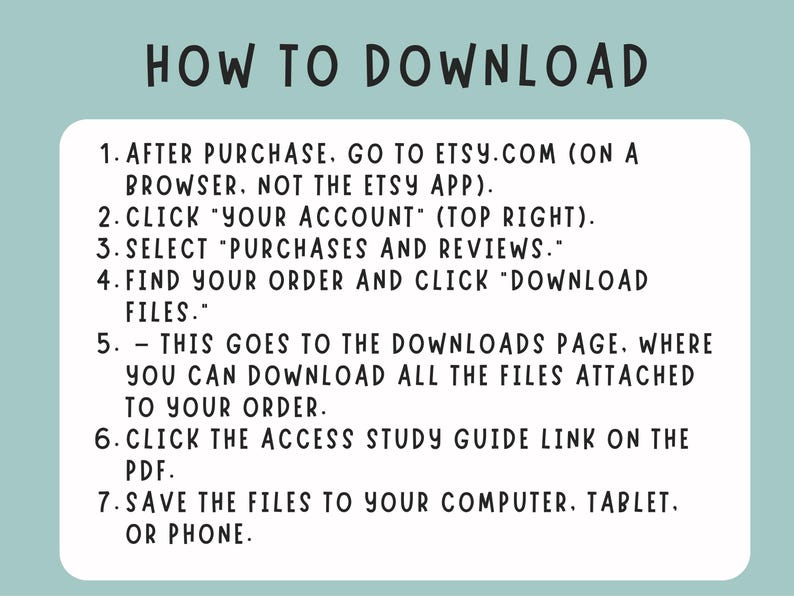 May include: A teal-colored graphic with the words "HOW TO DOWNLOAD" at the top. Below, a list of seven steps explains how to download files from Etsy after purchase, including accessing your account and finding the download link.