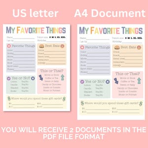 May include: Two printable "My Favorite Things" templates in US letter and A4 document sizes. The templates have sections for favorite things, best eats, and "this or that" questions, with a pastel color scheme.