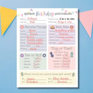 May include: A coworker birthday questionnaire with a pastel color scheme. The form includes sections for favorite things, best eats, and a "This or That?" section. The text includes "Melanie" and "May 4, 1995".