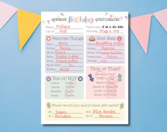 Work birthday questionnaire, Get to Know Your Staff Questionnaire, Employee Favorite Things  survey, Team Building Printable