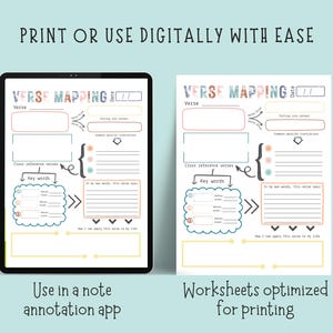 May include: A digital tablet and a printed worksheet, both displaying a "Verse Mapping" template. The template includes sections for verse, cross-reference verses, key words, and application. Text at the top reads "Print or Use Digitally With Ease."