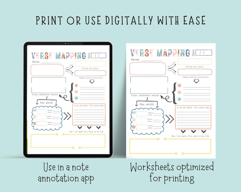May include: A digital tablet and a printed worksheet, both displaying a "Verse Mapping" template. The template includes sections for verse, cross-reference verses, key words, and application. Text at the top reads "Print or Use Digitally With Ease."