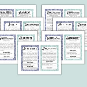 May include: A set of white cards detailing biblical figures, each with a name in an ornate font. The cards have text and decorative borders in blue and green. The cards are displayed against a pale blue backdrop.