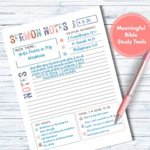 May include: A white paper with sermon notes, scripture references, and key points. The main theme is "God's Power in My Weakness." A pink pen rests on the paper. Text includes "Meaningful Bible Study Tools."