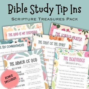 May include: A collection of Bible study tip cards with floral borders and titles like "The Ten Commandments" and "The Lord's Prayer." The cards have a soft, pastel color palette and include the text "Scripture Treasures Pack."