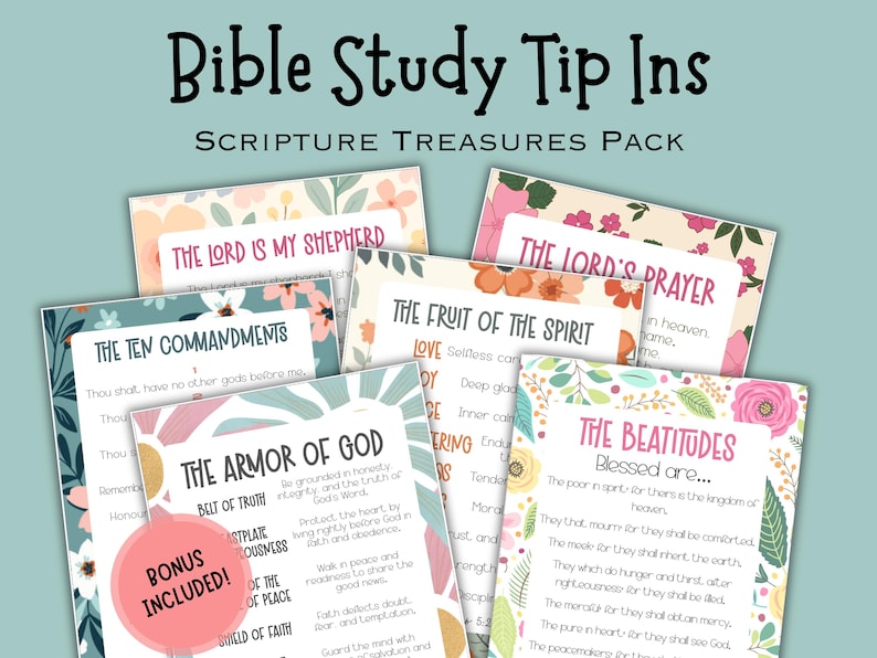 May include: A collection of Bible study tip cards with floral borders and titles like "The Ten Commandments" and "The Lord's Prayer." The cards have a soft, pastel color palette and include the text "Scripture Treasures Pack."