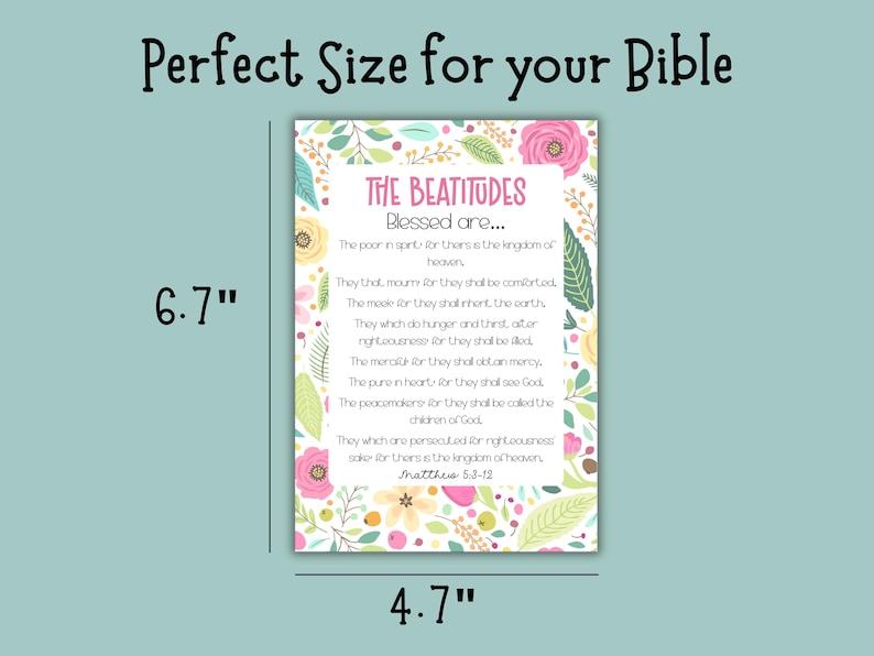 May include: A rectangular floral print with the text "THE BEATITUDES Blessed are..." and Bible verses. The print measures 6.7" x 4.7". The design includes pink roses, yellow flowers, and green leaves on a white background.
