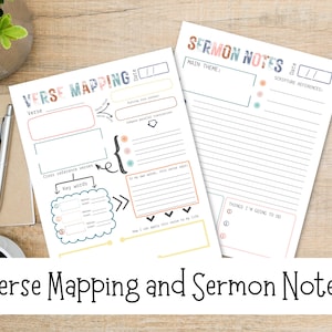 May include: Two white paper sheets with the text "Verse Mapping" and "Sermon Notes" on a wooden surface. The "Verse Mapping" sheet has areas for notes and key words. The "Sermon Notes" sheet has lines for writing.