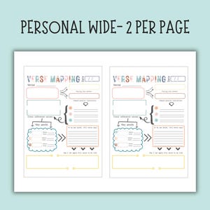 May include: A white sheet of paper with two "Verse Mapping" templates. Each template has sections for verse, key words, and cross-reference verses, with the text "Personal Wide - 2 per page" at the top.