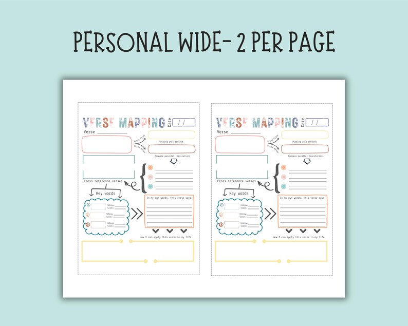 May include: A white sheet of paper with two "Verse Mapping" templates. Each template has sections for verse, key words, and cross-reference verses, with the text "Personal Wide - 2 per page" at the top.
