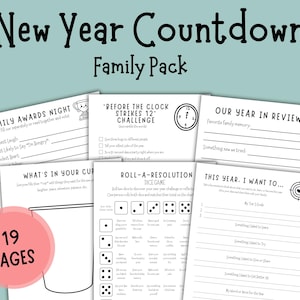 Puede incluir: Un conjunto de páginas imprimibles del paquete familiar de cuenta atrás de Año Nuevo. Las páginas incluyen indicaciones para premios familiares, desafíos y establecimiento de objetivos. El texto incluye "New Year Countdown Family Pack" y "19 Pages".
