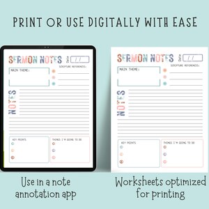 May include: Digital sermon notes template displayed on a tablet and printed on paper. The template includes sections for the main theme, scripture references, key points, and to-do items. The text "SERMON NOTES" is in colorful letters.
