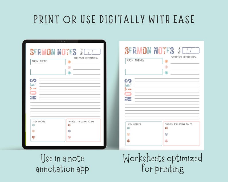 May include: Digital sermon notes template displayed on a tablet and printed on paper. The template includes sections for the main theme, scripture references, key points, and to-do items. The text "SERMON NOTES" is in colorful letters.