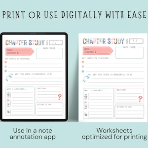 May include: A digital chapter study worksheet displayed on a tablet and printed on paper. The worksheet includes sections for book, chapter, key events, main theme, and personal reflections. Text on the image reads: "Print or use digitally with ease."