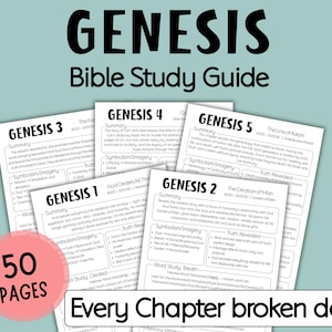 Op de afbeelding: Een Bijbelstudiegids getiteld "GENESIS" met de ondertitel "Bible Study Guide". De afbeelding toont verschillende pagina's met samenvattingen, symboliek en onthulde waarheden. Een roze cirkel geeft "50 PAGES" aan. De tekst "Every Chapter broken down" is ook zichtbaar.