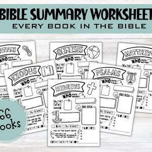 May include: A set of black and white Bible summary worksheets featuring the text BIBLE SUMMARY WORKSHEET EVERY BOOK IN THE BIBLE and 66 BOOKS. Each page includes sections for book titles like Galatians, Genesis, Matthew, Exodus, Psalms, and Hebrews, with prompts for who wrote the book, key chapters, big ideas, and fill-in-the-blank verses.