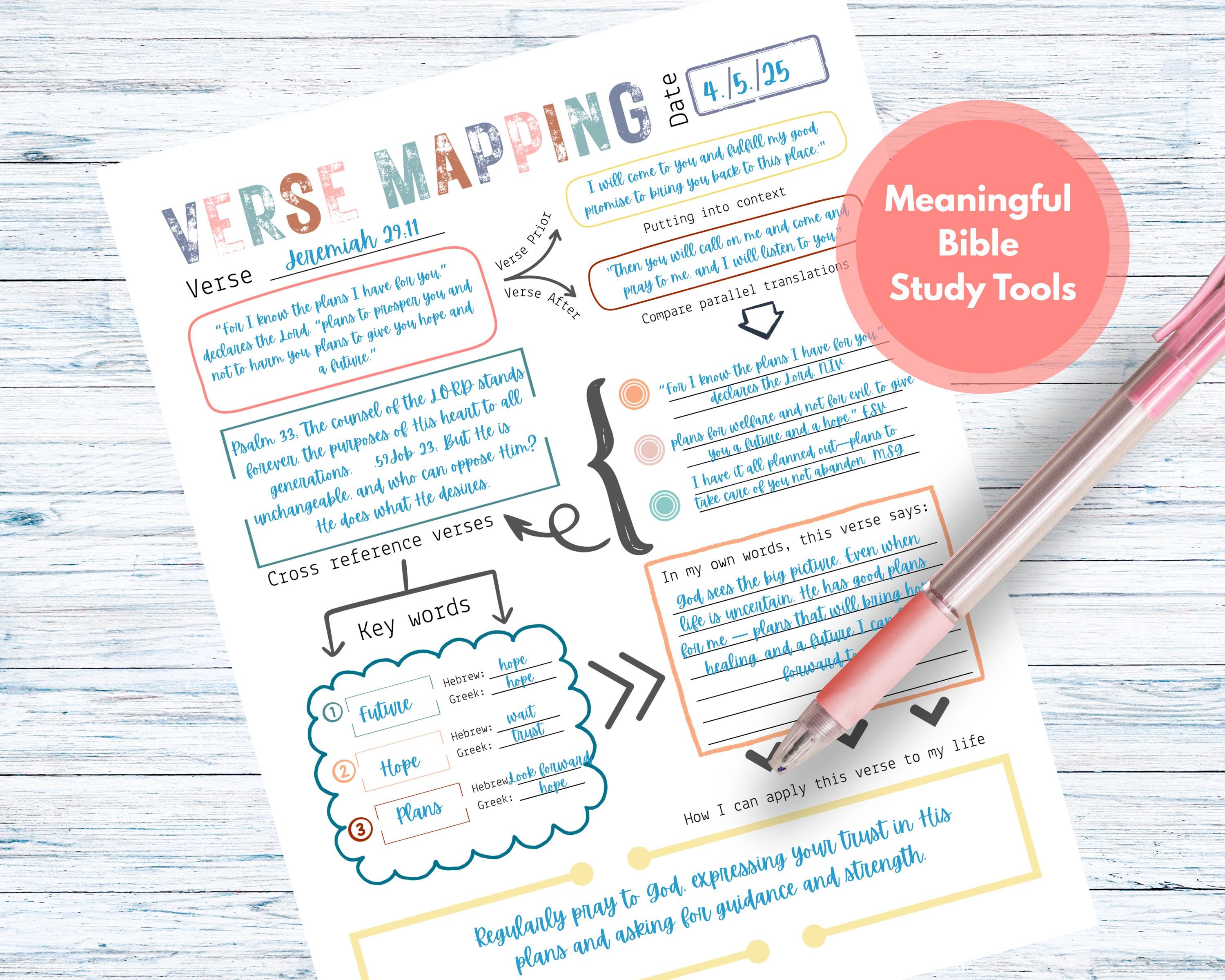 Bible Verse mapping printable, bible study guide and template for daily study and spiritual meditation, bible study journal add on