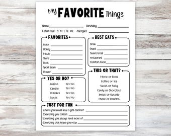 My Favorite Things List, All About Me Printable, Getting to Know Me Questionnaire
