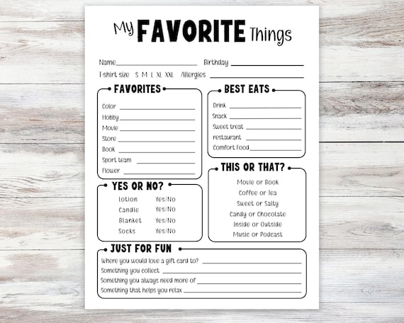 My Favorite Things List, All About Me Printable, Getting to Know Me Questionnaire