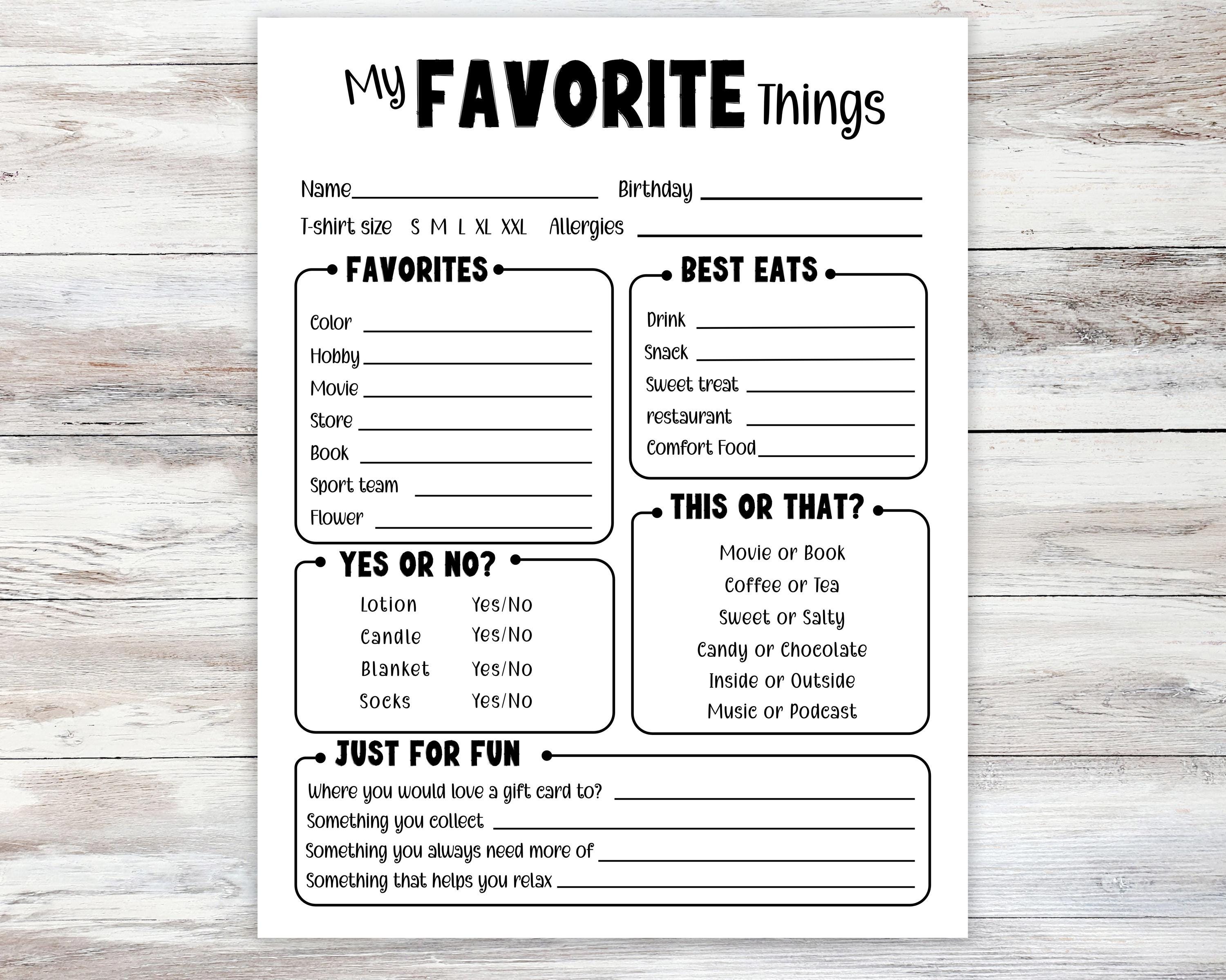 My Favorite Things List, All About Me Printable, Getting to Know Me ...