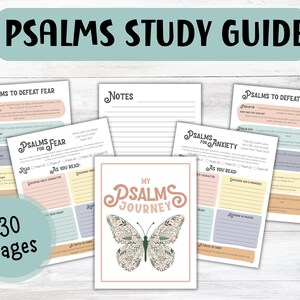 May include: A 30-page Psalms study guide featuring a cover page with a butterfly illustration and the text My Psalms Journey. The set includes various worksheets titled Psalms to Defeat Fear, Psalms to Defeat Anxiety, and Notes with colorful sections.