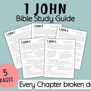 Puede incluir: Una guía de estudio bíblico titulada "1 Juan" con el texto "Guía de estudio bíblico" arriba. La guía incluye 5 páginas, cada una detallando un capítulo. El texto "Every Chapter broken down" está en la parte inferior, con un círculo rosa que dice "5 PAGES".