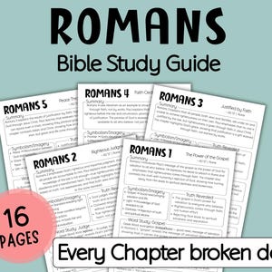 Può includere: Una guida allo studio della Bibbia intitolata "ROMANS" con il sottotitolo "Bible Study Guide". La guida presenta diverse pagine con riassunti e punti chiave. Un cerchio rosa mostra "16 PAGES". Il testo "Every Chapter broken down" è visibile.