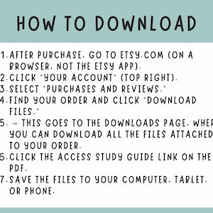 May include: A teal-colored graphic with the text "HOW TO DOWNLOAD" at the top. Below, a white box contains numbered instructions on how to download files from Etsy after purchase, including steps to access the files on a computer, tablet, or phone.