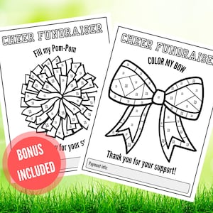 Puede incluir: Dos hojas imprimibles en blanco y negro para recaudar fondos de animadoras. Una hoja dice "Fill my Pom-Pom" y la otra "Color my Bow". Ambas hojas tienen espacios para rellenar con billetes de 5 $. Un círculo rojo dice "BONUS INCLUDED".