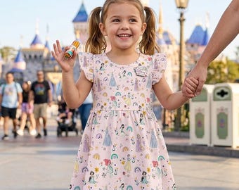 Magical Princess Flowers And Rainbow Ruffle Sleeves Dress, Ariel Belle Cinderella Bow Outfit, Disney Birthday Girl Toddler Summer