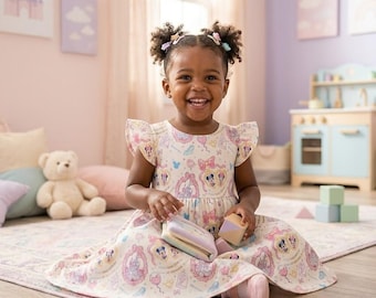 Vestido mágico Mickey Coquette con mangas de volantes, conjunto Mickey Minnie con lazo, Disney para niña pequeña en su cumpleaños (verano)