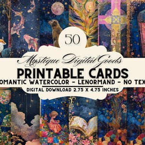 Cartomancie artistique Lenormand - aquarelle romantique SANS TEXTE, divination spirituelle, cartes numériques imprimables, dimension tarot, 2,75 x 4,75 po.
