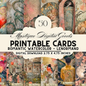 Cartomancia artística de Lenormand: acuarela romántica, percepción espiritual y adivinación, tarjetas digitales imprimibles, tamaño tarot, 2,75 x 4,75 pulgadas.