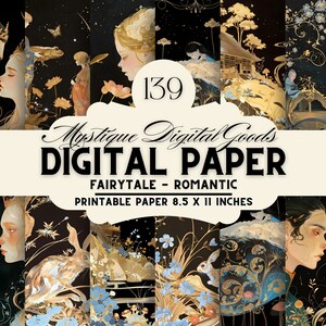 Puede incluir: Un paquete de papel digital con temática de cuento de hadas. El paquete incluye papeles imprimibles de 21,6 x 27,9 cm con ilustraciones románticas de parejas, animales y escenas de la naturaleza en tonos dorados, negros y azules. El texto "Mystique Digital Goods DIGITAL PAPER FAIRYTALE - ROMANTIC PRINTABLE PAPER 8.5 X 11 INCHES" se muestra en la parte delantera del paquete.