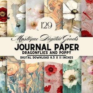 Könnte beinhalten: Digitaler Download von 12 druckbaren Journalpapieren mit einem Aquarell-Design mit Libellen und Mohnblumen in Rot-, Weiß- und Blautönen. Die Papiere sind 8,5 x 11 Zoll groß.
